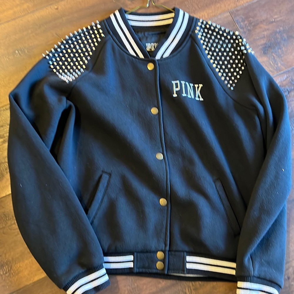 Pink Varsity Jacket With Silver Studs Black And White Trimming .